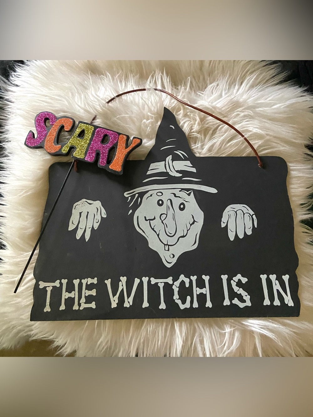 2 Halloween Signs - 'The Witch Is In' (hangs) & SCARY glitter (metal stick)🧙🎃